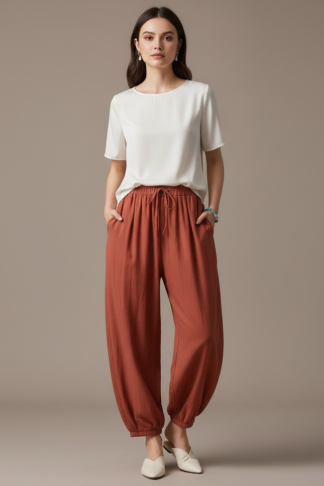 Pantalon Chinois Harem Coton Lin Ample Confortable Rouge Brique