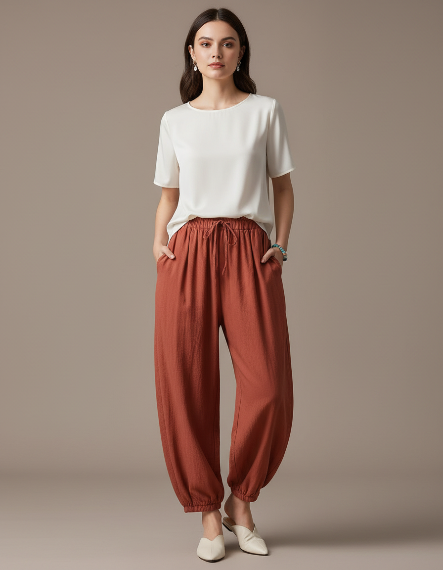 Pantalon Chinois Harem Coton Lin Ample Confortable Rouge Brique