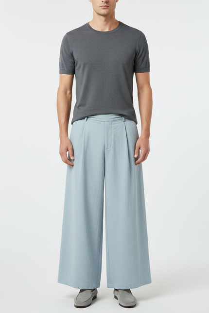 Pantalon Chinois Bleu Ciel Ample Plissé Décontracté - Lin