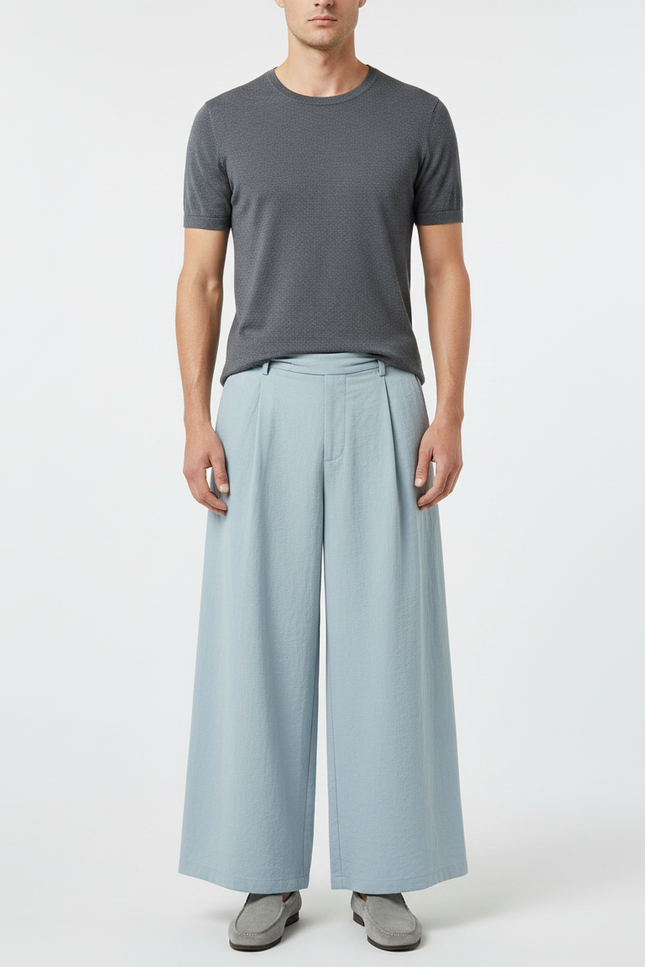 Pantalon Chinois Bleu Ciel Ample Plissé Décontracté - Lin