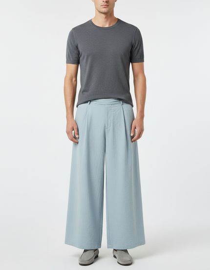 Pantalon Chinois Bleu Ciel Ample Plissé Décontracté - Lin