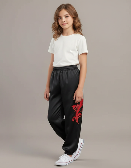 Pantalon Chinois Noir Satiné Ample Brodé Rouge