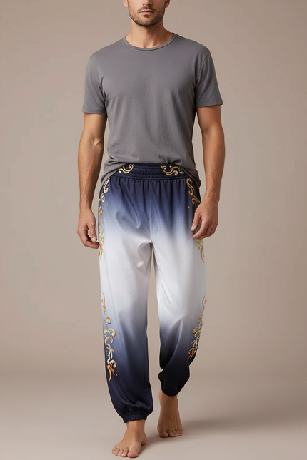 Pantalon Chinois Dégradé Bleu Ornement Doré Fluide - Satin