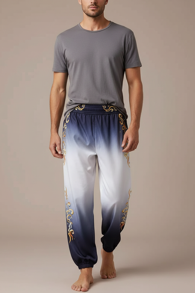 Pantalon Chinois Dégradé Bleu Ornement Doré Fluide - Satin