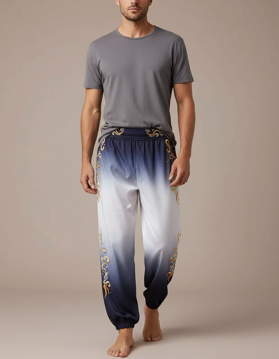 Pantalon Chinois Dégradé Bleu Ornement Doré Fluide - Satin