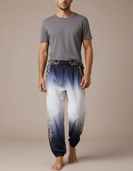 Pantalon Chinois Dégradé Bleu Ornement Doré Fluide - Satin