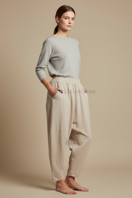 Pantalon Chinois Beige Ample Coton Lin Femme