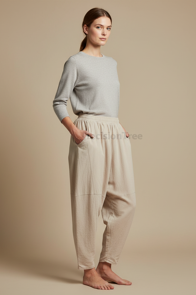 Pantalon Chinois Beige Ample Coton Lin Femme