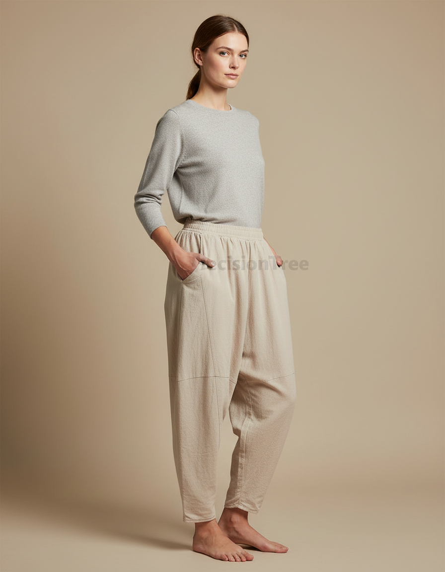 Pantalon Chinois Beige Ample Coton Lin Femme