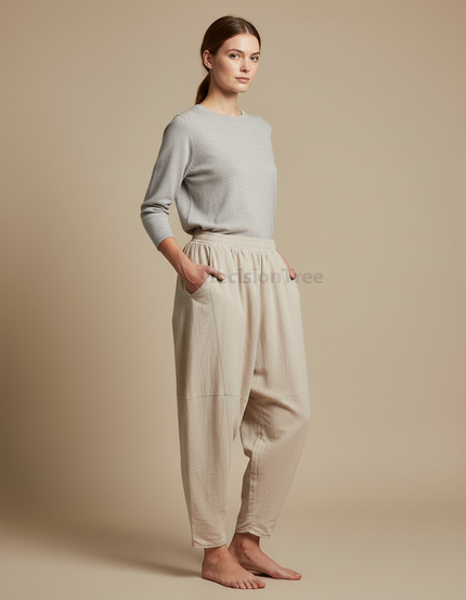 Pantalon Chinois Beige Ample Coton Lin Femme
