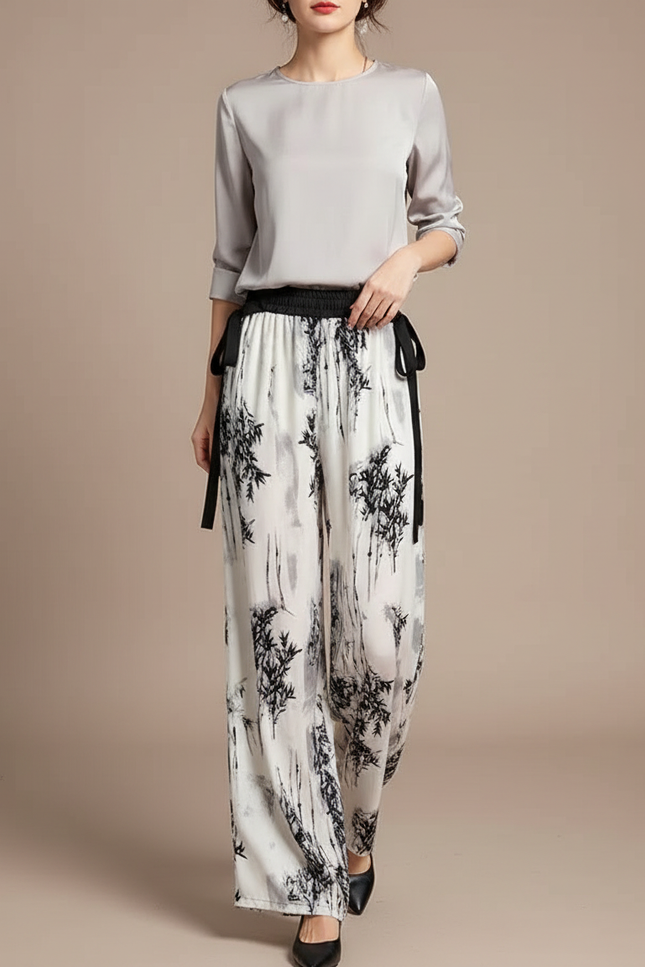 Pantalon Chinois Fluide Imprimé Bambou Noir Blanc Ample - Viscose