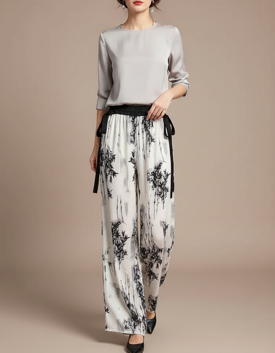 Pantalon Chinois Fluide Imprimé Bambou Noir Blanc Ample - Viscose