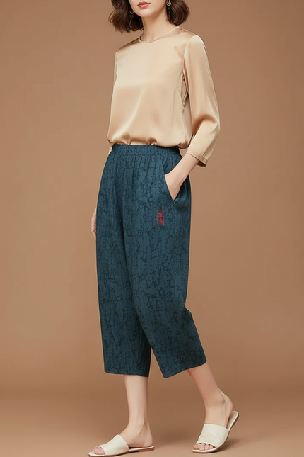 Pantalon Chinois Sarouel Imprimé Fluide Vert Femme - Viscose