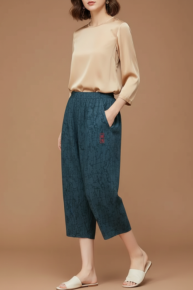 Pantalon Chinois Sarouel Imprimé Fluide Vert Femme - Viscose