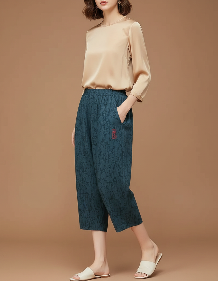 Pantalon Chinois Sarouel Imprimé Fluide Vert Femme - Viscose