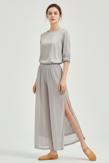 Pantalon Chinois Gris Fluide Fendu Élégant Femme - Soie