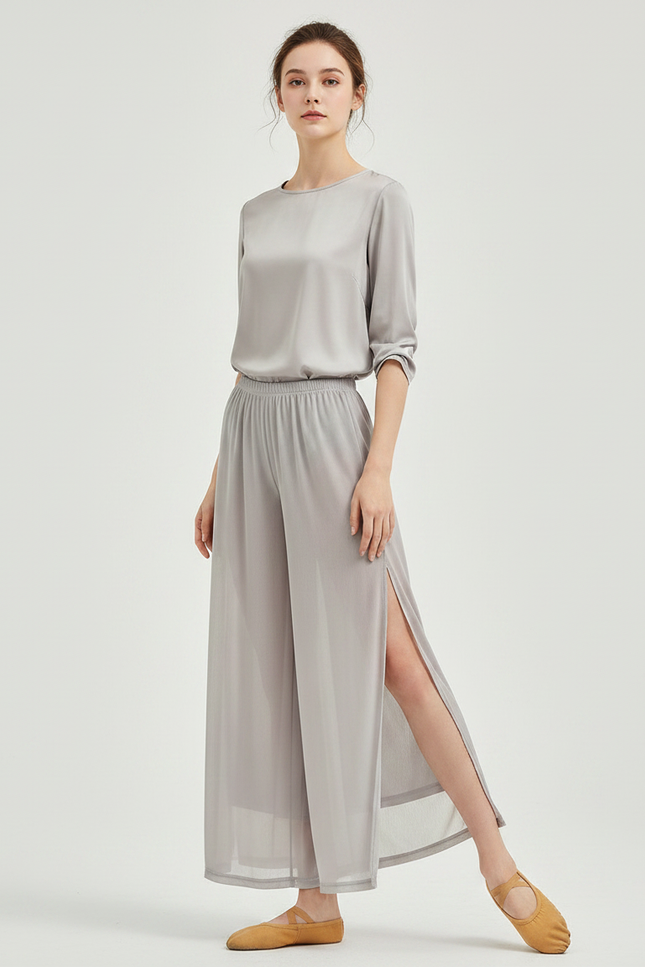 Pantalon Chinois Gris Fluide Fendu Élégant Femme - Soie