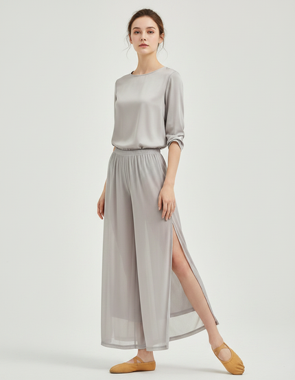 Pantalon Chinois Gris Fluide Fendu Élégant Femme - Soie