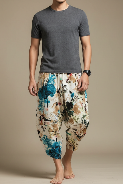 Pantalon Chinois Harem Imprimé Floral Ample Coton
