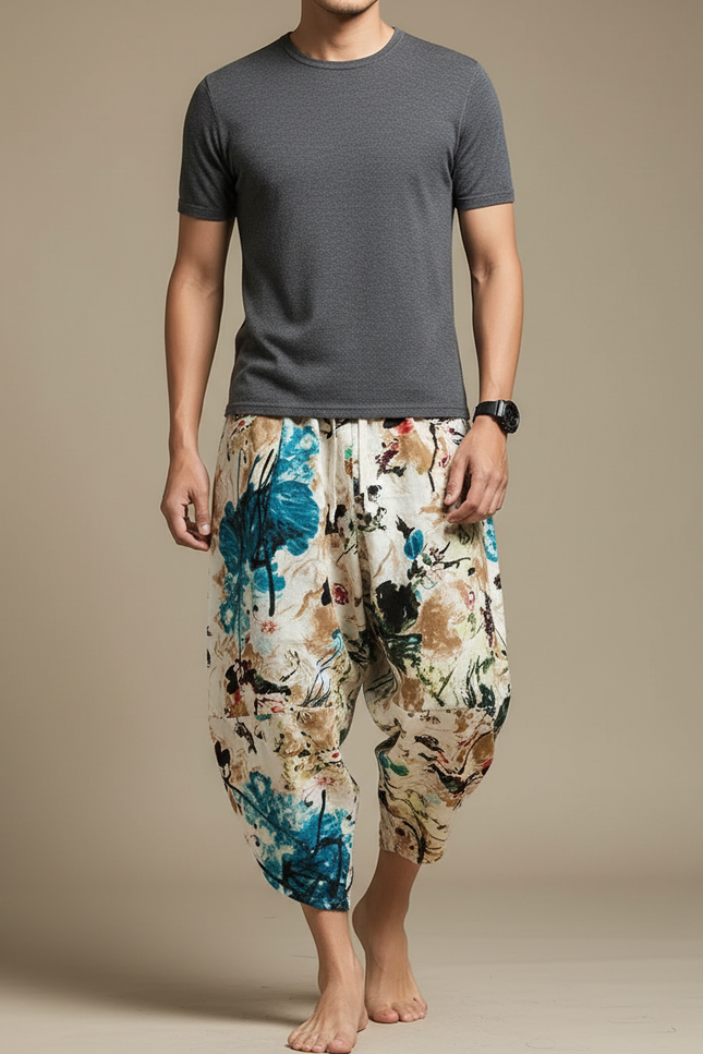 Pantalon Chinois Harem Imprimé Floral Ample Coton