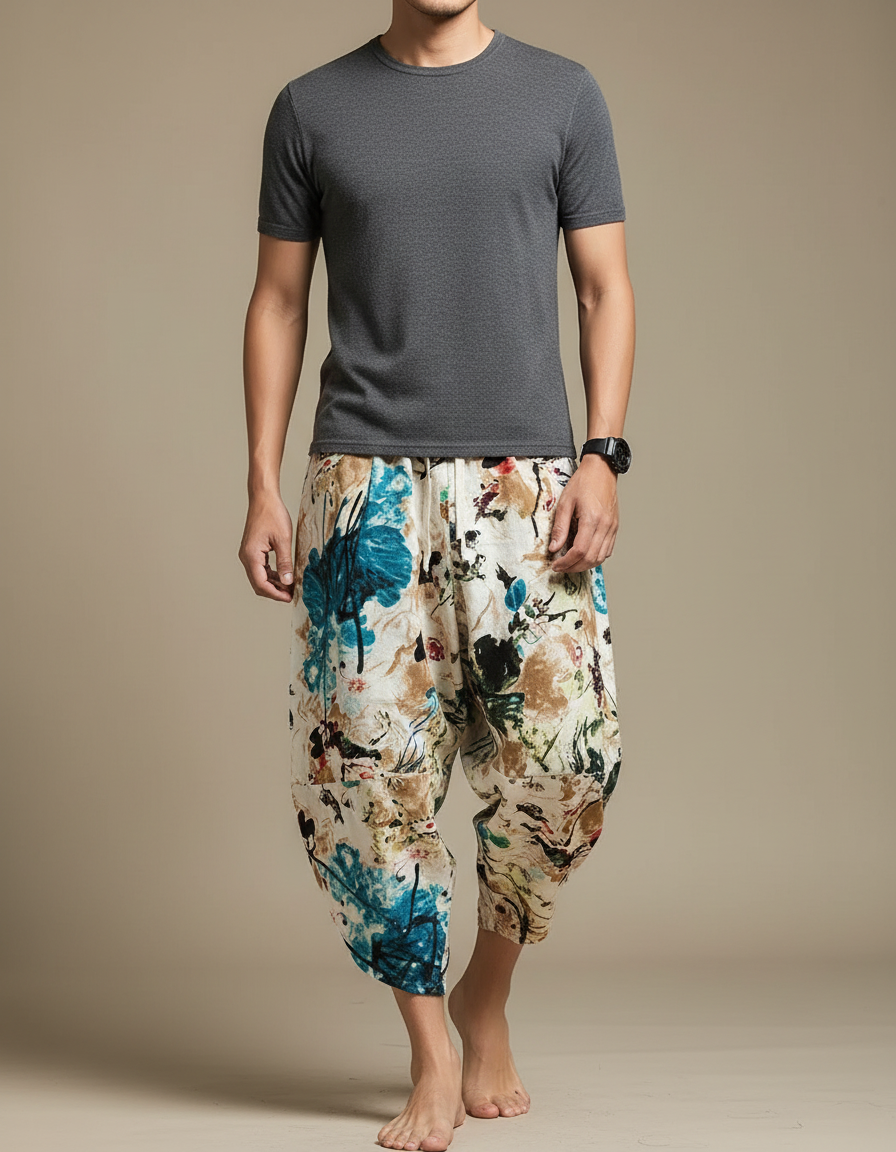 Pantalon Chinois Harem Imprimé Floral Ample Coton