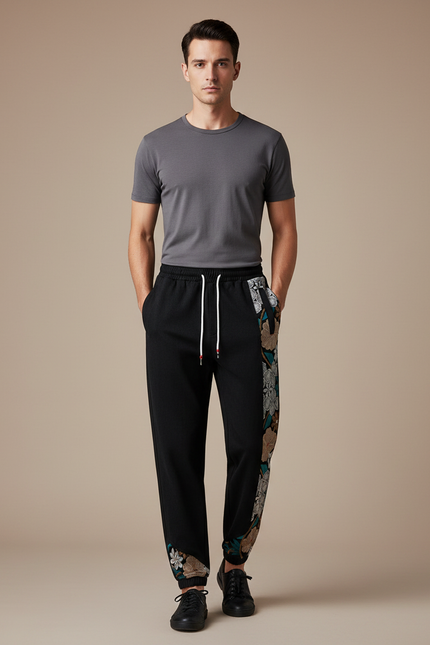 Pantalon Chinois Noir Brodé Harem Jogger Ethnique Homme - Molleton