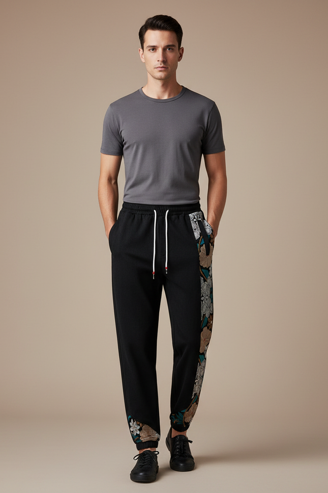 Pantalon Chinois Noir Brodé Harem Jogger Ethnique Homme - Molleton