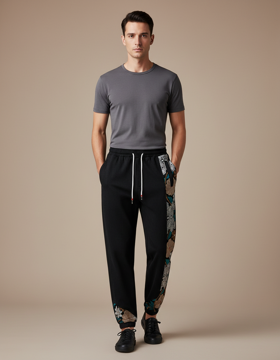 Pantalon Chinois Noir Brodé Harem Jogger Ethnique Homme - Molleton