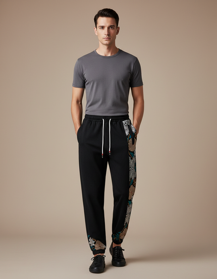 Pantalon Chinois Noir Brodé Harem Jogger Ethnique Homme - Molleton