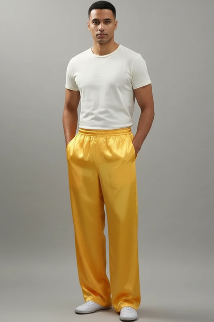 Pantalon Chinois Jaune Satiné Ample Élastiqué Fluide