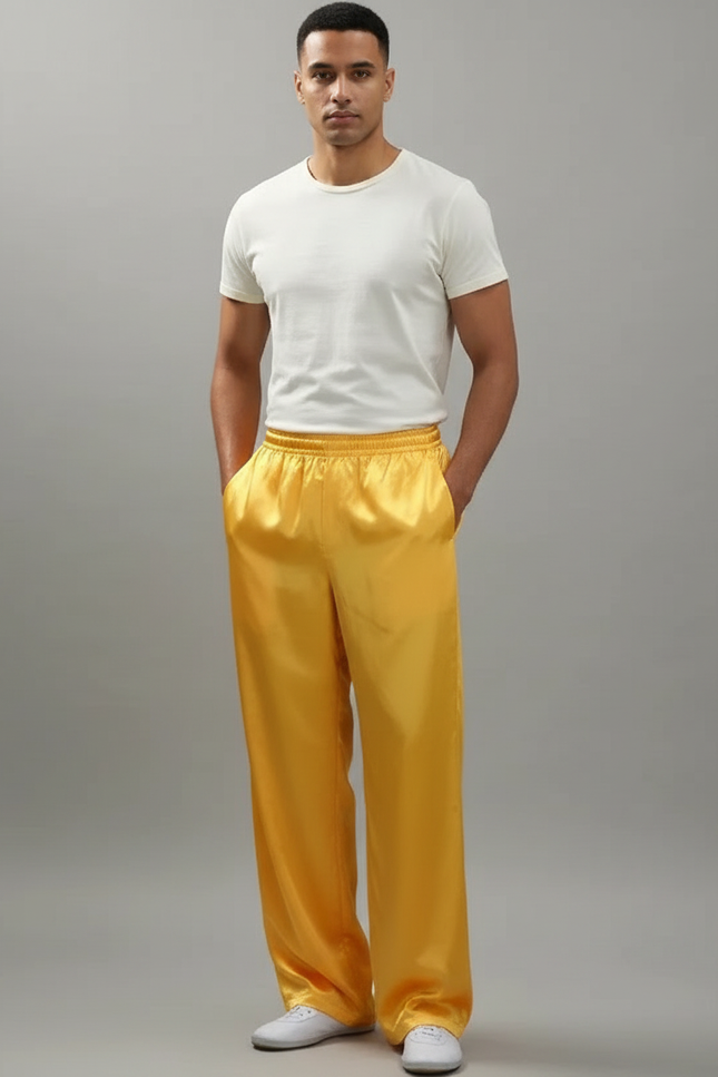 Pantalon Chinois Jaune Satiné Ample Élastiqué Fluide