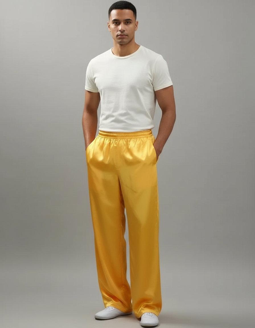 Pantalon Chinois Jaune Satiné Ample Élastiqué Fluide
