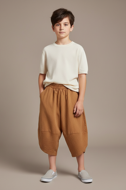 Pantalon Chinois Harem Coton Ample Garçon Marron