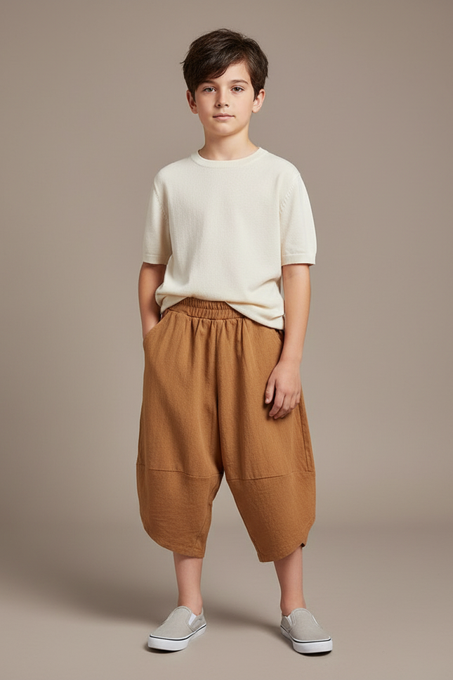 Pantalon Chinois Harem Coton Ample Garçon Marron
