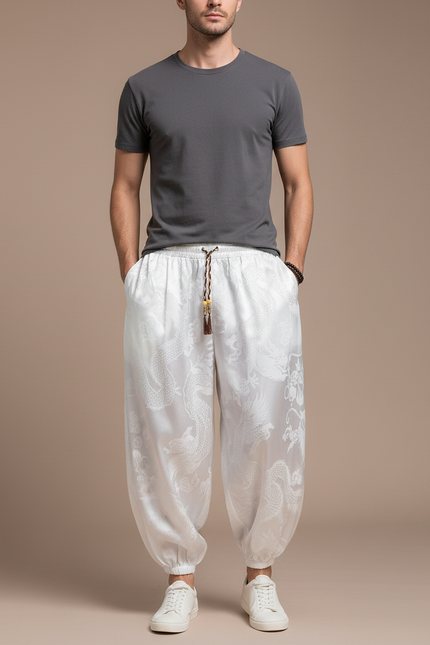 Pantalon Chinois Blanc Dragon Imprimé Soie Ample Homme