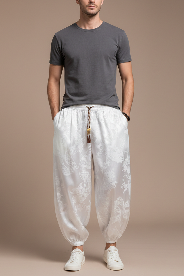 Pantalon Chinois Blanc Dragon Imprimé Soie Ample Homme
