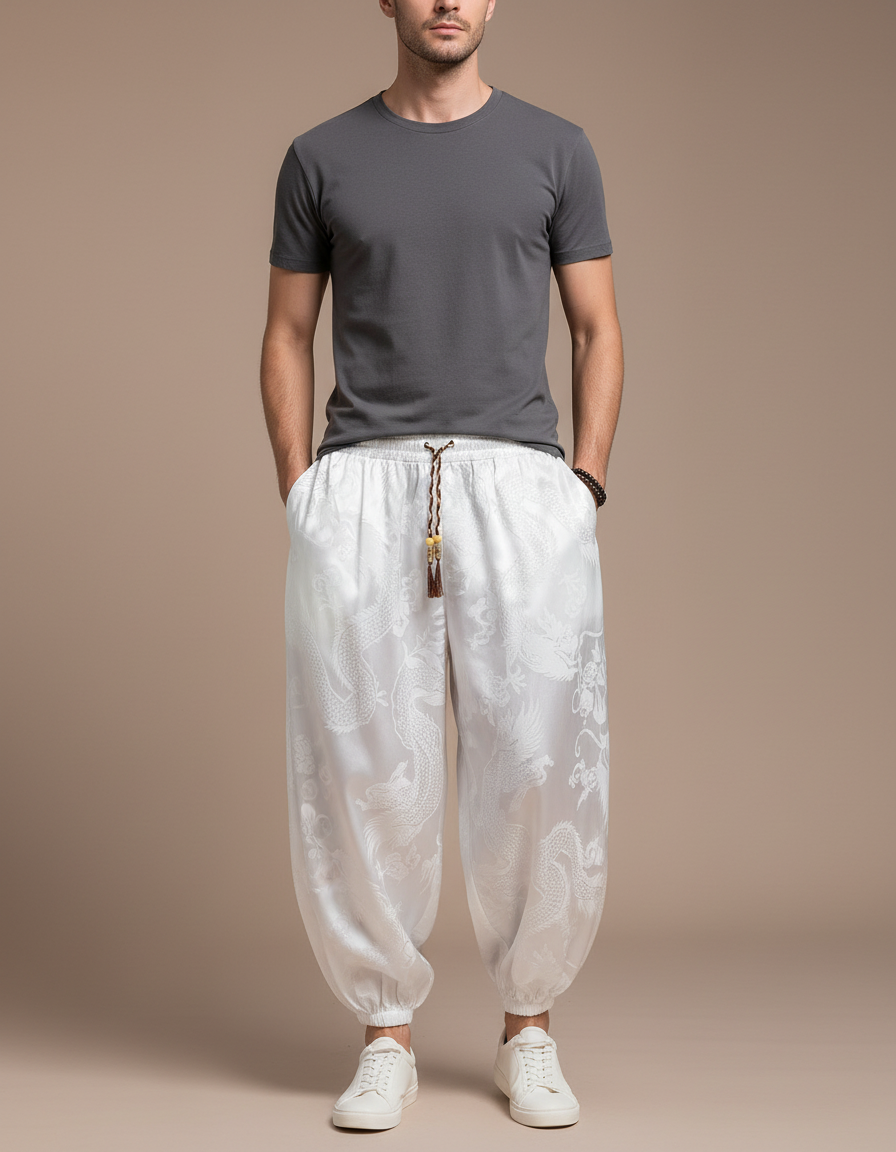Pantalon Chinois Blanc Dragon Imprimé Soie Ample Homme