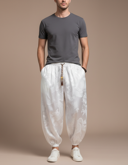Pantalon Chinois Blanc Dragon Imprimé Soie Ample Homme