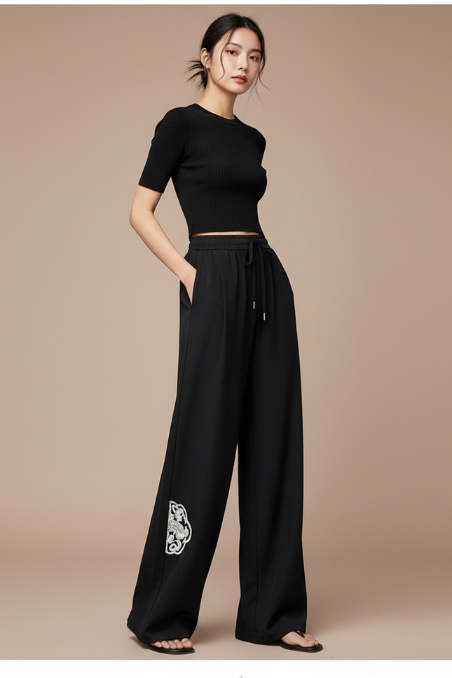 Pantalon Chinois Noir Ample Brodé Fluide Femme - Viscose