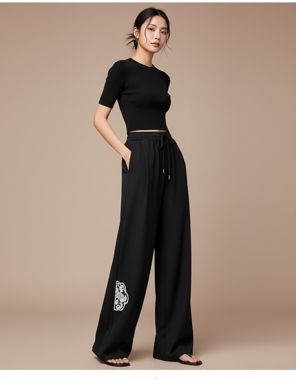 Pantalon Chinois Noir Ample Brodé Fluide Femme - Viscose