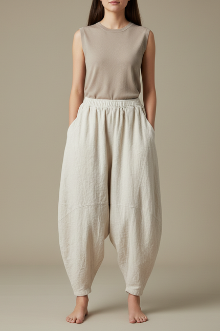 Pantalon Chinois Lin Ample Beige Confortable Décontracté