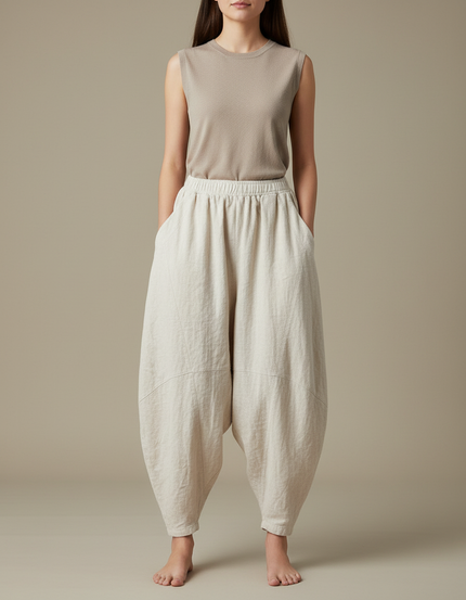Pantalon Chinois Lin Ample Beige Confortable Décontracté