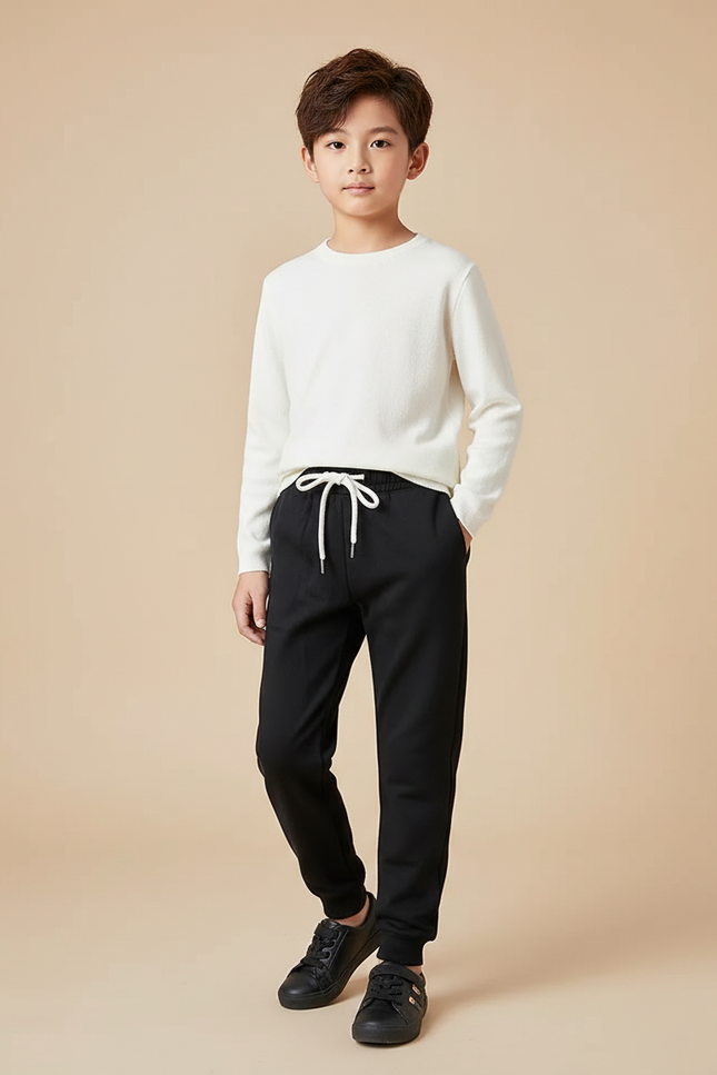 Pantalon Chinois Noir Cordon Ample Décontracté Enfant - Molleton