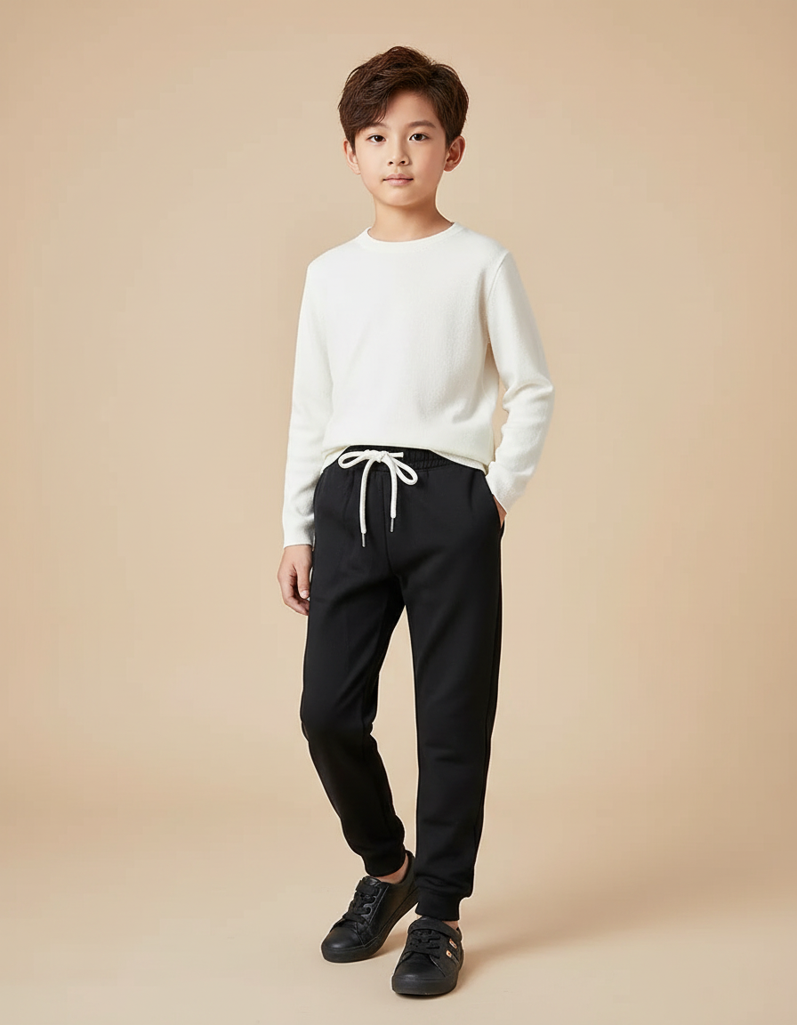 Pantalon Chinois Noir Cordon Ample Décontracté Enfant - Molleton