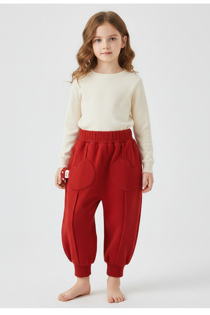 Pantalon Chinois Rouge Épais Ample Côtelé Coeur - Molleton