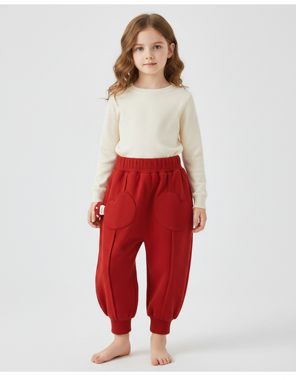 Pantalon Chinois Rouge Épais Ample Côtelé Coeur - Molleton
