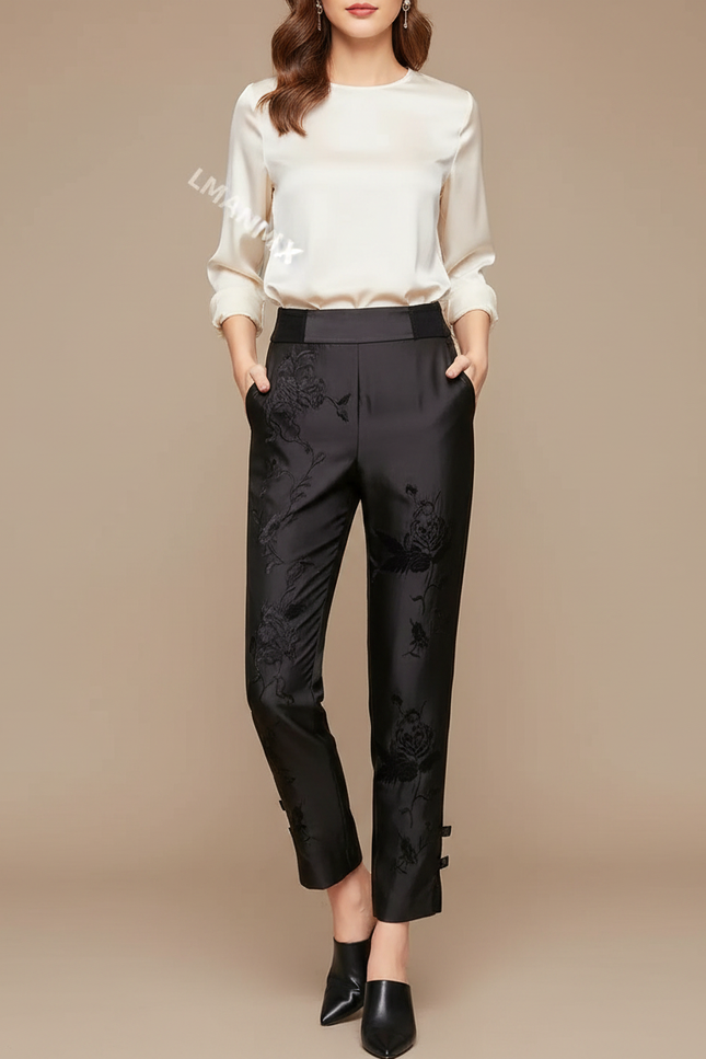 Pantalon Chinois Noir Brodé Floral Slim Élégant Femme - Satin