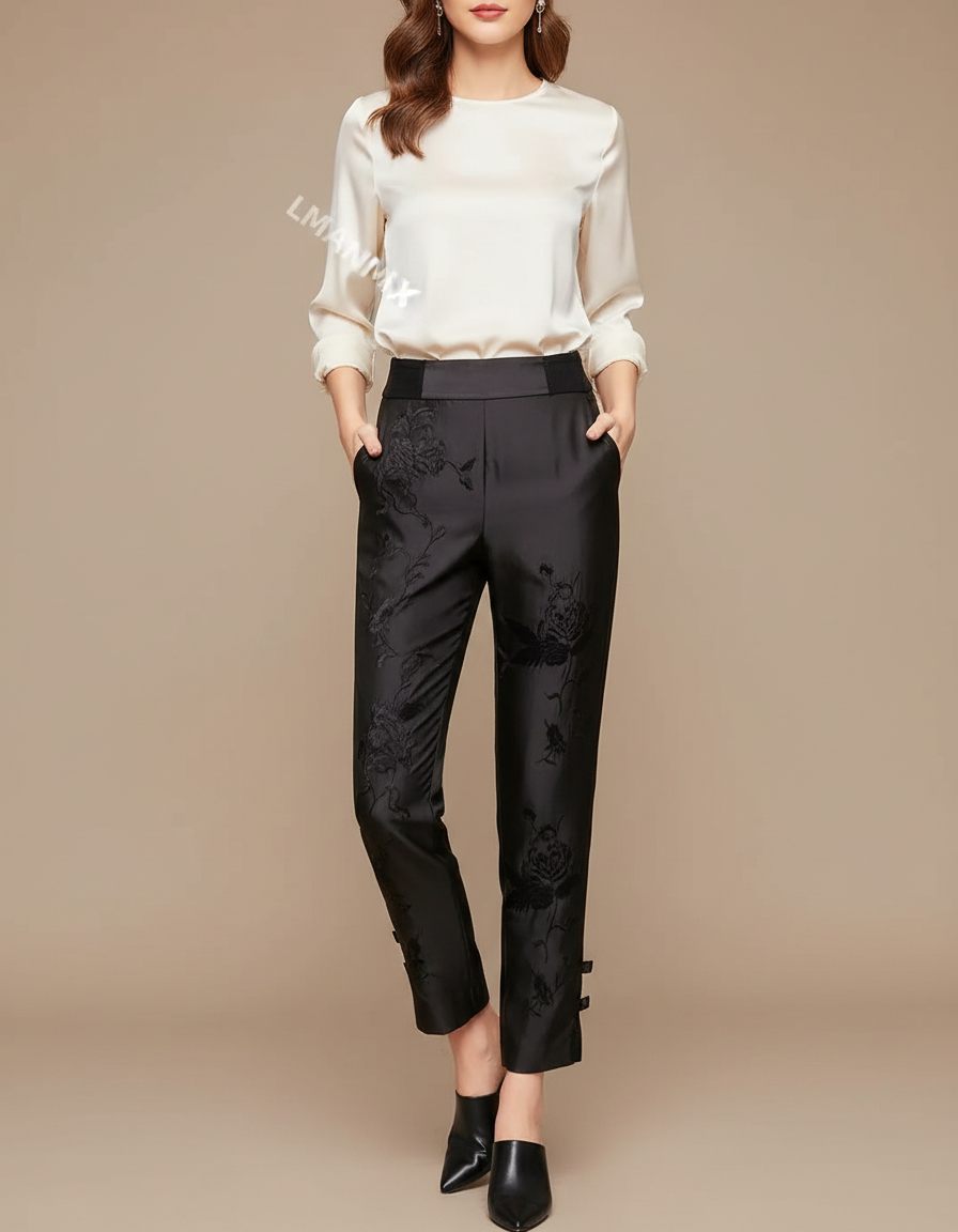 Pantalon Chinois Noir Brodé Floral Slim Élégant Femme - Satin