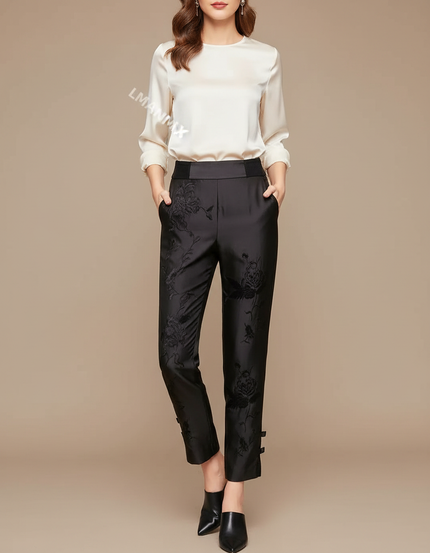 Pantalon Chinois Noir Brodé Floral Slim Élégant Femme - Satin