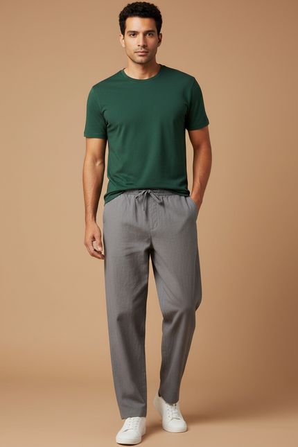 Pantalon Chinois Gris Lin Ample Décontracté Homme